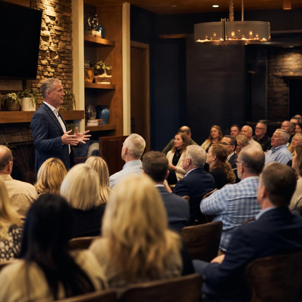 Advisor presenting to a large group as an authority